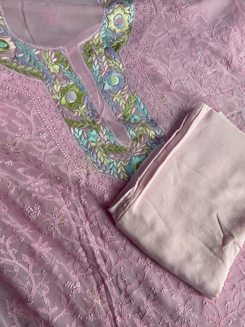 Pink Chikankari Parsigara Viscose Unstiched Dress