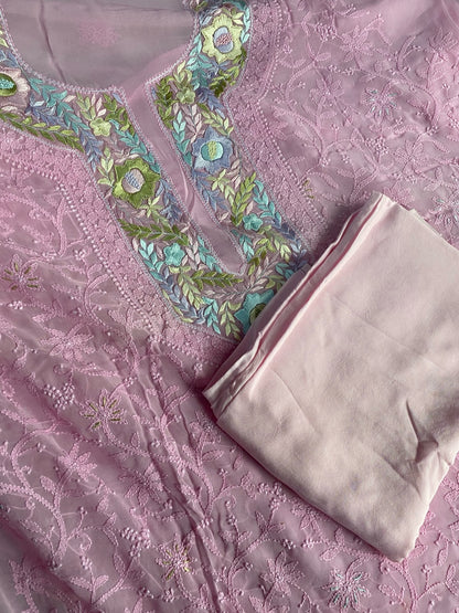 Pink Chikankari Parsigara Viscose Unstiched Dress - Famous Chikankari