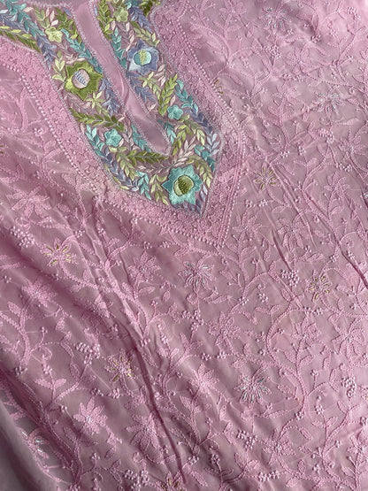 Pink Chikankari Parsigara Viscose Unstiched Dress - Famous Chikankari