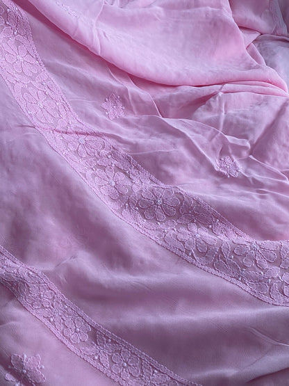 Pink Chikankari Parsigara Viscose Unstiched Dress - Famous Chikankari