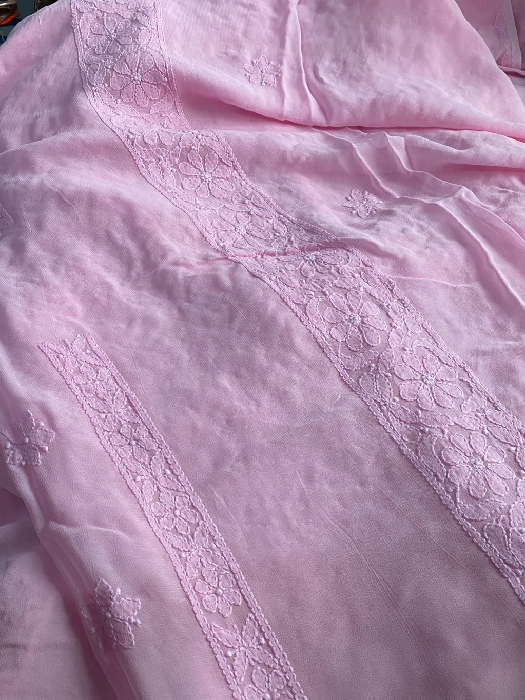 Pink Chikankari Parsigara Viscose Unstiched Dress