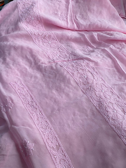 Pink Chikankari Parsigara Viscose Unstiched Dress - Famous Chikankari