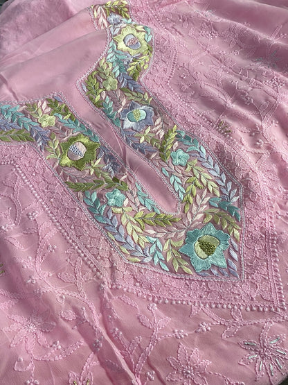 Pink Chikankari Parsigara Viscose Unstiched Dress - Famous Chikankari