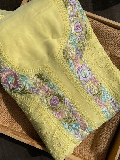 LemonYellow Chikankari Parsigara Viscose Unstiched Dress - Famous Chikankari