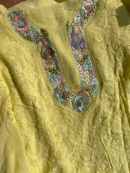 LemonYellow Chikankari Parsigara Viscose Unstiched Dress - Famous Chikankari