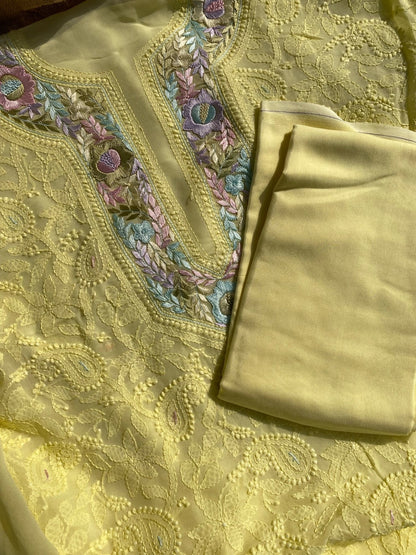 LemonYellow Chikankari Parsigara Viscose Unstiched Dress - Famous Chikankari