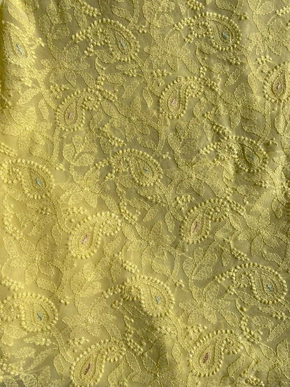 LemonYellow Chikankari Parsigara Viscose Unstiched Dress - Famous Chikankari