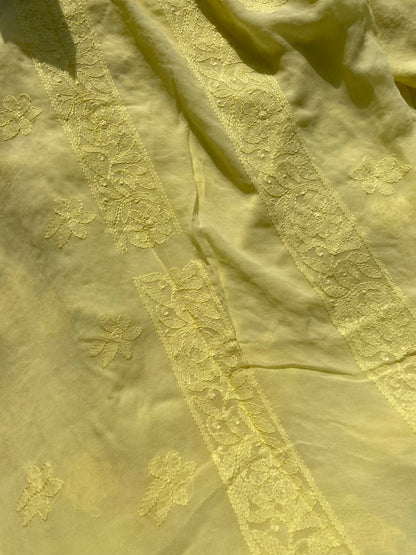 LemonYellow Chikankari Parsigara Viscose Unstiched Dress - Famous Chikankari