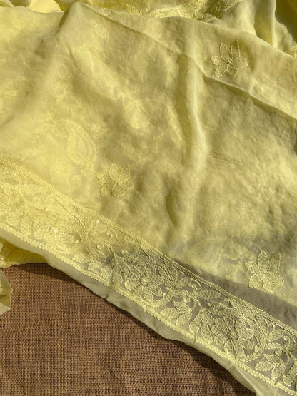 LemonYellow Chikankari Parsigara Viscose Unstiched Dress - Famous Chikankari