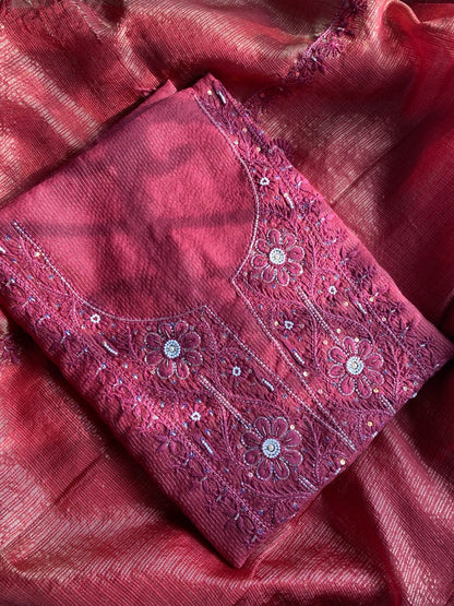 Zunaira Maroon Chikankari Unstiched Kurta Dupatta - Famous Chikankari