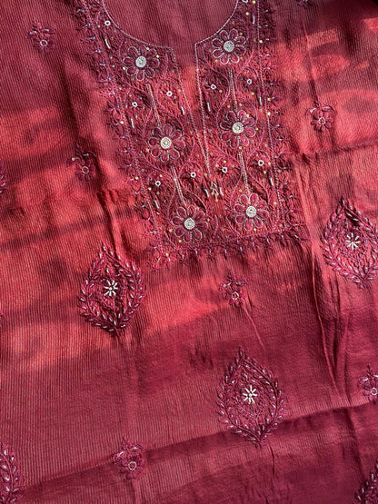 Zunaira Maroon Chikankari Unstiched Kurta Dupatta - Famous Chikankari