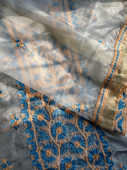 Premium Chikankari Off White Organza Unstiched Dress - Famous Chikankari