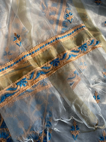 Premium Chikankari Off White Organza Unstiched Dress - Famous Chikankari