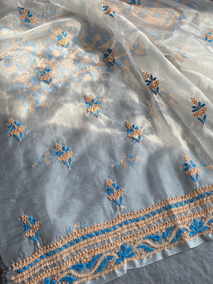 Premium Chikankari Off White Organza Unstiched Dress - Famous Chikankari