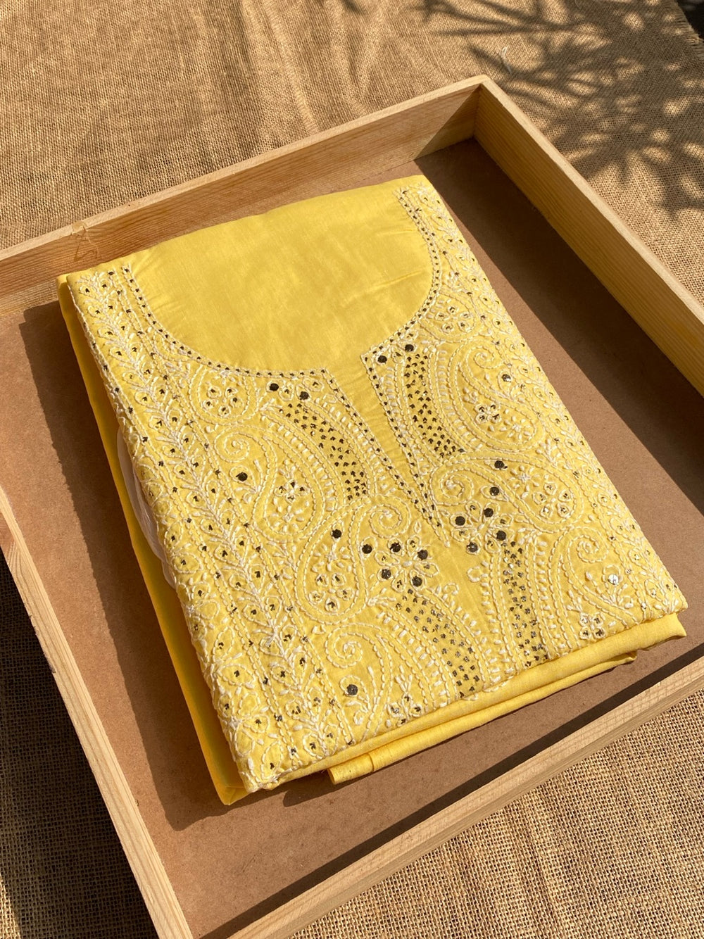 Yellow Traditional Chikankari Mukaish Unstiched Dress - Famous Chikankari