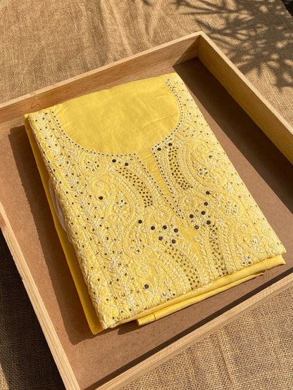 Yellow Traditional Chikankari Mukaish Unstiched Dress - Famous Chikankari