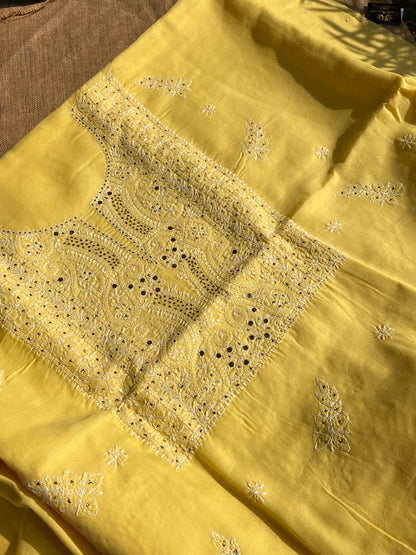 Yellow Traditional Chikankari Mukaish Unstiched Dress - Famous Chikankari