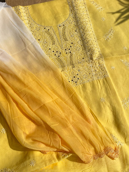 Yellow Traditional Chikankari Mukaish Unstiched Dress - Famous Chikankari