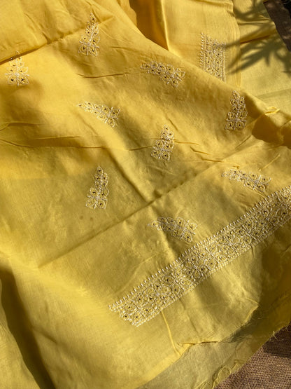 Yellow Traditional Chikankari Mukaish Unstiched Dress - Famous Chikankari
