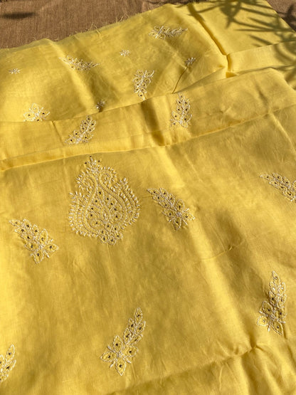Yellow Traditional Chikankari Mukaish Unstiched Dress - Famous Chikankari