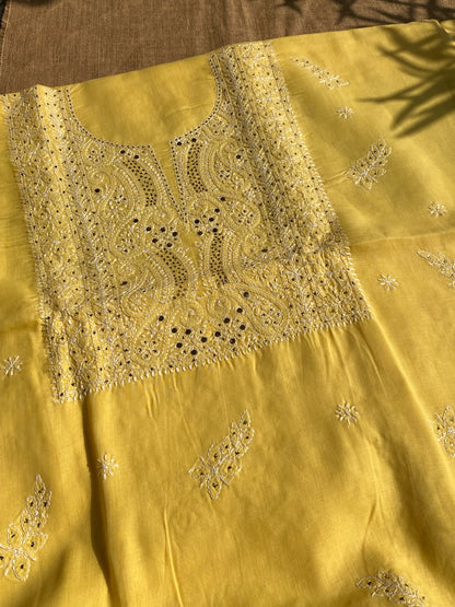 Yellow Traditional Chikankari Mukaish Unstiched Dress - Famous Chikankari