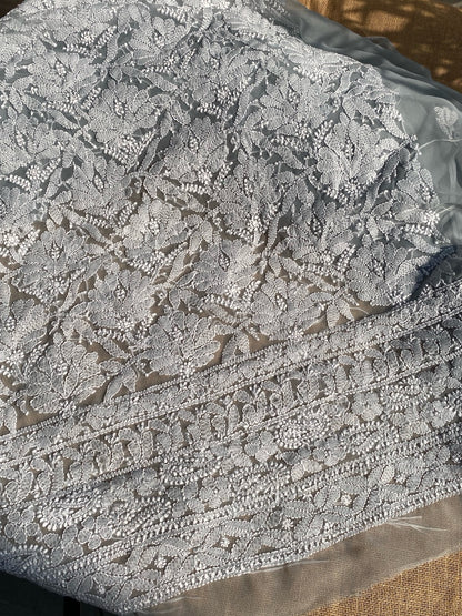 Grey Chikankari Georgette Unstiched Dress - Famous Chikankari