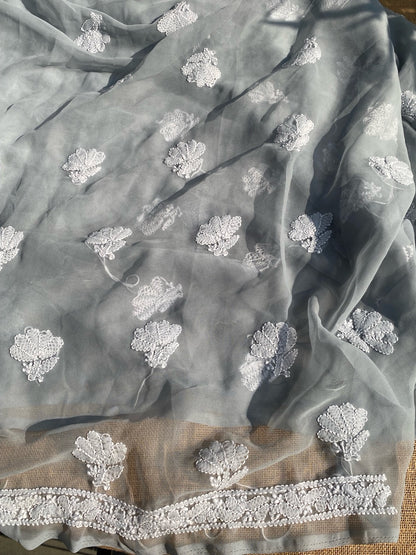 Grey Chikankari Georgette Unstiched Dress - Famous Chikankari