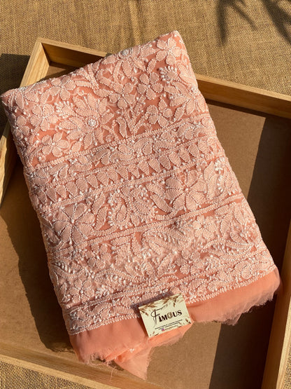 Peach Chikankari Georgette Unstiched Dress - Famous Chikankari