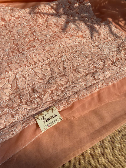 Peach Chikankari Georgette Unstiched Dress - Famous Chikankari