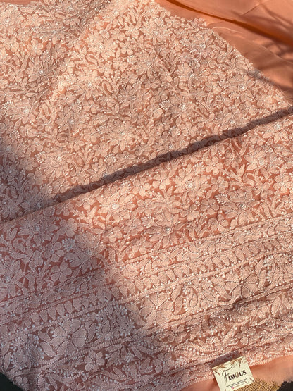 Peach Chikankari Georgette Unstiched Dress - Famous Chikankari