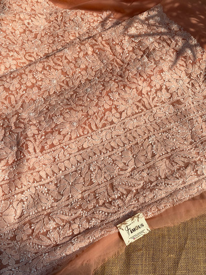 Peach Chikankari Georgette Unstiched Dress - Famous Chikankari