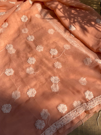 Peach Chikankari Georgette Unstiched Dress - Famous Chikankari