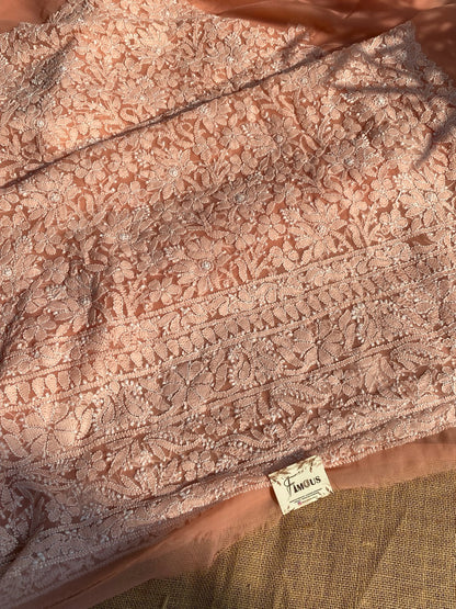 Peach Chikankari Georgette Unstiched Dress - Famous Chikankari