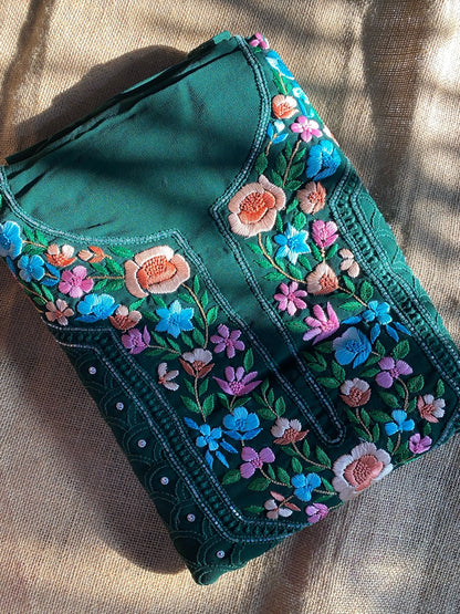 Bottle Green Chikankari With Parsi Gara Embroidered Kurta Material - Famous Chikankari