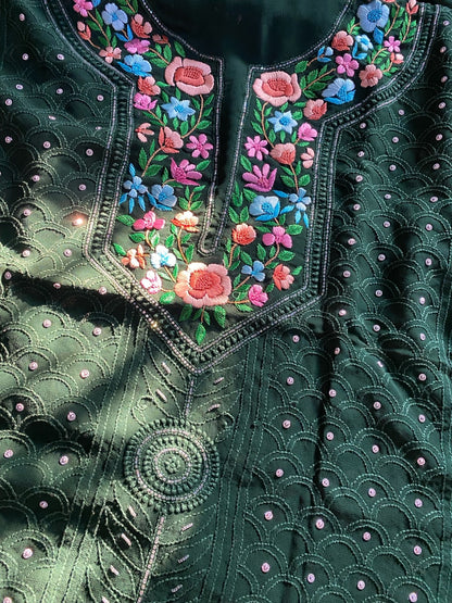 Bottle Green Chikankari With Parsi Gara Embroidered Kurta Material - Famous Chikankari