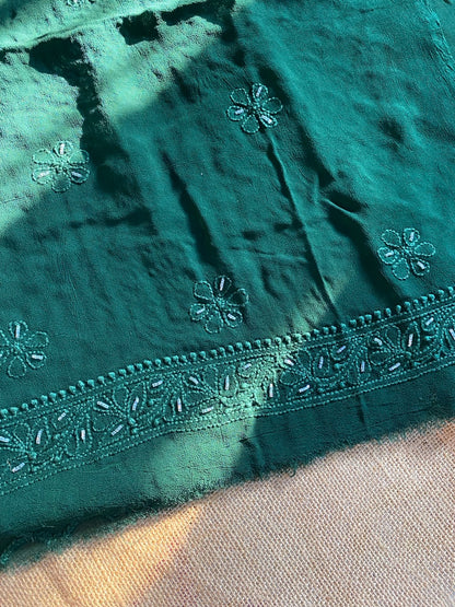 Bottle Green Chikankari With Parsi Gara Embroidered Kurta Material - Famous Chikankari