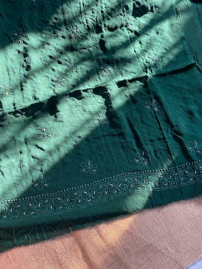 Bottle Green Chikankari With Parsi Gara Embroidered Kurta Material - Famous Chikankari
