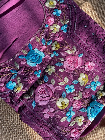 Wine Chikankari With Parsi Gara Embroidered Kurta Material - Famous Chikankari