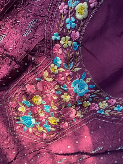 Wine Chikankari With Parsi Gara Embroidered Kurta Material - Famous Chikankari