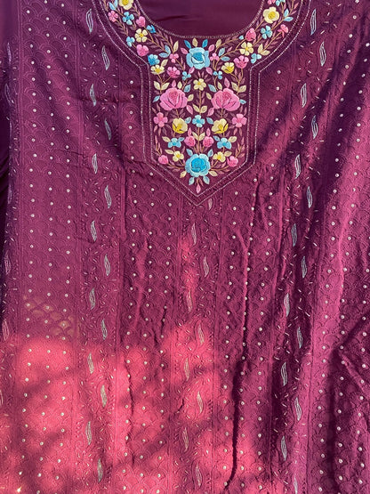 Wine Chikankari With Parsi Gara Embroidered Kurta Material - Famous Chikankari