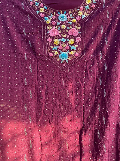 Wine Chikankari With Parsi Gara Embroidered Kurta Material - Famous Chikankari