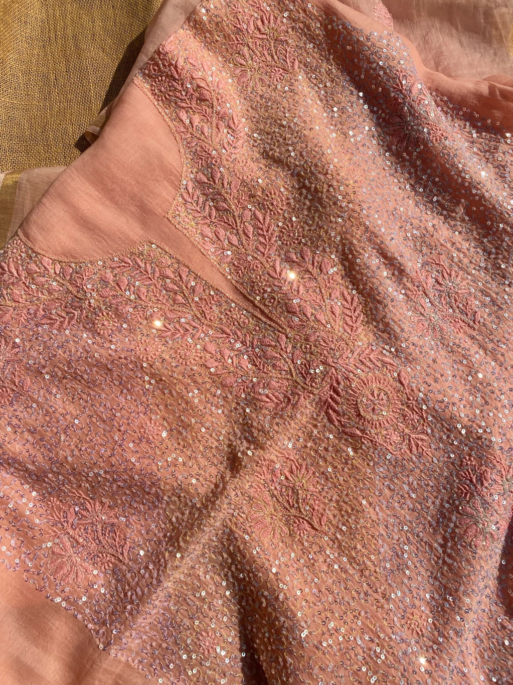 Exquisite Chikankari With Full Sequins Jaal Work Unstiched Dress Material-Peach