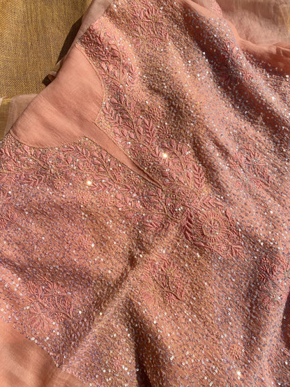 Exquisite Chikankari With Full Sequins Jaal Work Unstitched Dress Material-Peach - Famous Chikankari