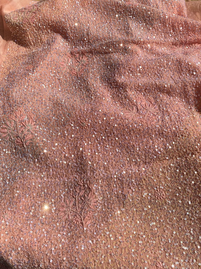 Exquisite Chikankari With Full Sequins Jaal Work Unstitched Dress Material-Peach - Famous Chikankari