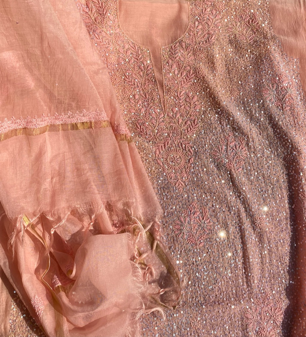 Exquisite Chikankari With Full Sequins Jaal Work Unstiched Dress Material-Peach