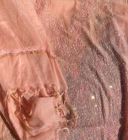 Exquisite Chikankari With Full Sequins Jaal Work Unstitched Dress Material-Peach - Famous Chikankari