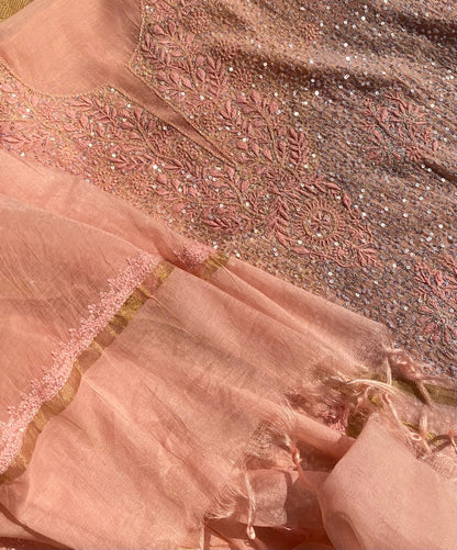 Exquisite Chikankari With Full Sequins Jaal Work Unstitched Dress Material-Peach - Famous Chikankari