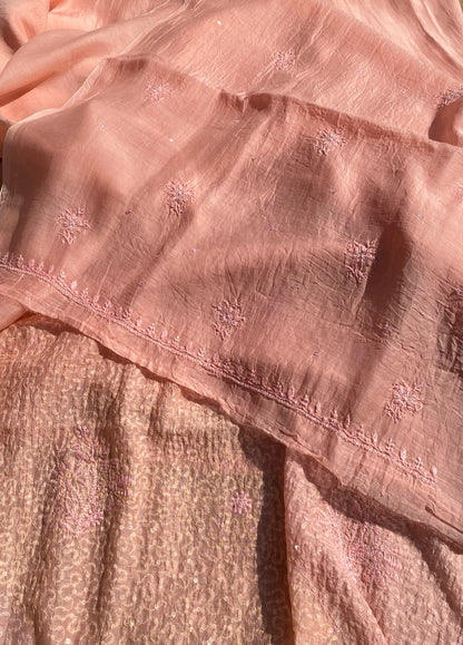 Exquisite Chikankari With Full Sequins Jaal Work Unstitched Dress Material-Peach - Famous Chikankari