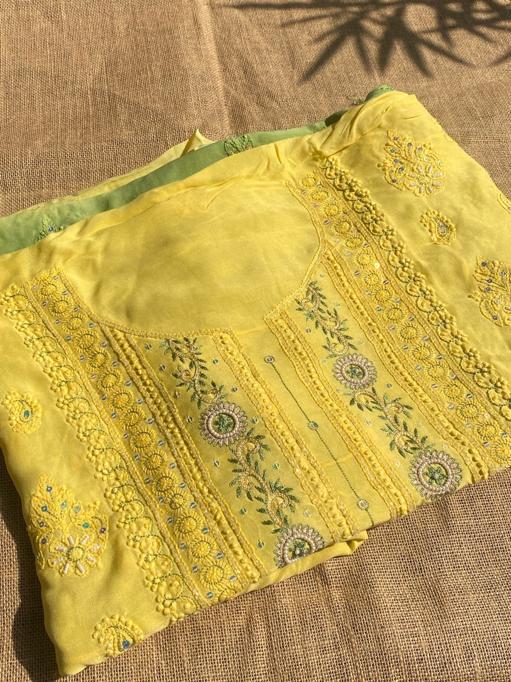 Yellow Mehndi Chikankari Unstiched Muslin Dress