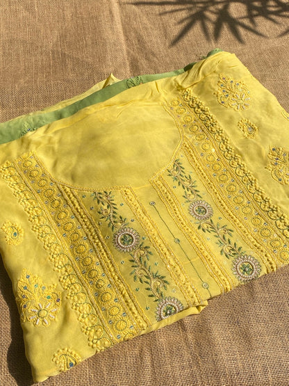 Yellow with Mehndi Chikankari Unstitched Muslin Dress - Famous Chikankari